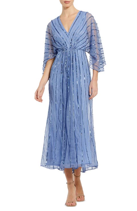Sequin Beaded Stripe Cape Sleeve V-Neck Gown