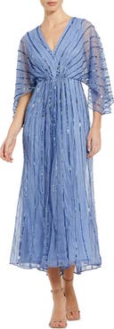 Mac Duggal Sequin Beaded Stripe Cape Sleeve V-Neck Gown