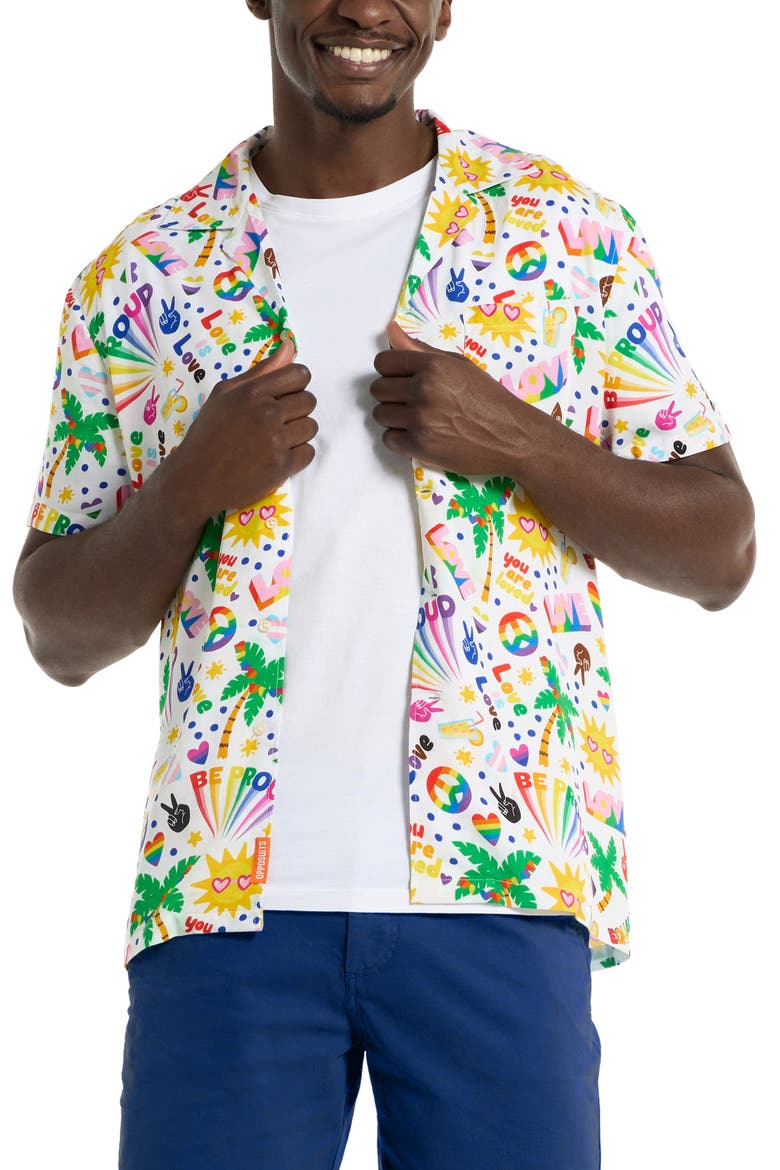 Relaxed Fit Tropic Pride Icons Print Camp Shirt, Main, color, WHITE