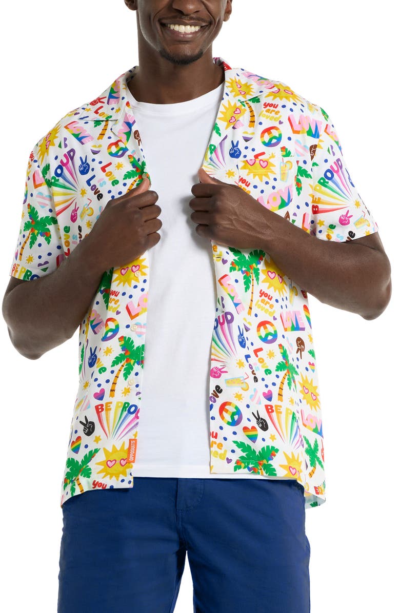 OppoSuits Relaxed Fit Tropic Pride Icons Print Camp Shirt, Main, color, White