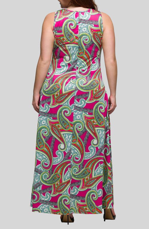 24seven Comfort Apparel Plus Size Print Scoop Neck A-line Sleeveless Maxi Dress In Pink Multi