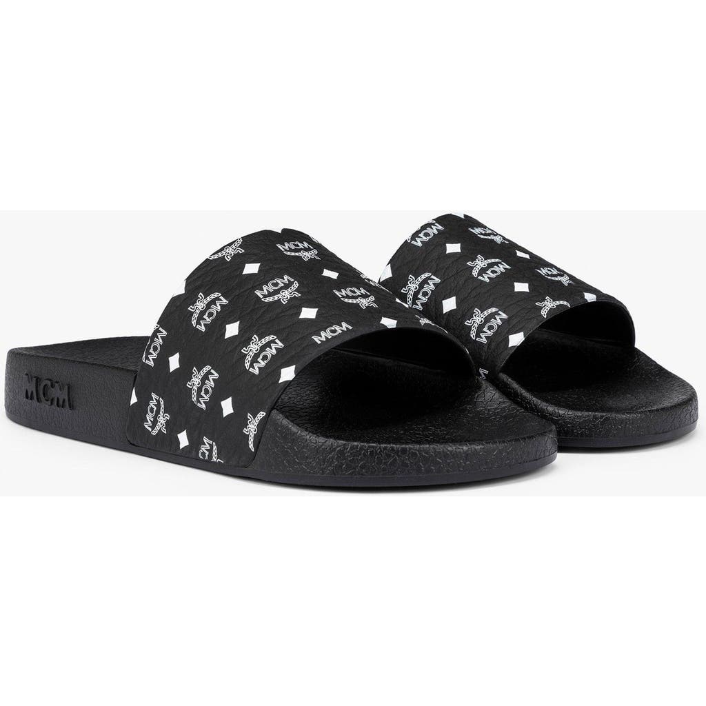 Mcm Monogram Print Rubber Slides In Black