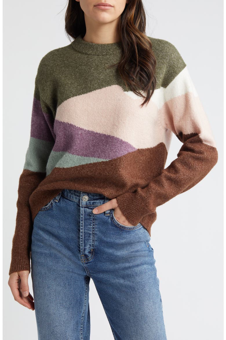 Intarsia Colorblock Crewneck Sweater, Main, color, OLIVE KALAMATA LANDSCAPE