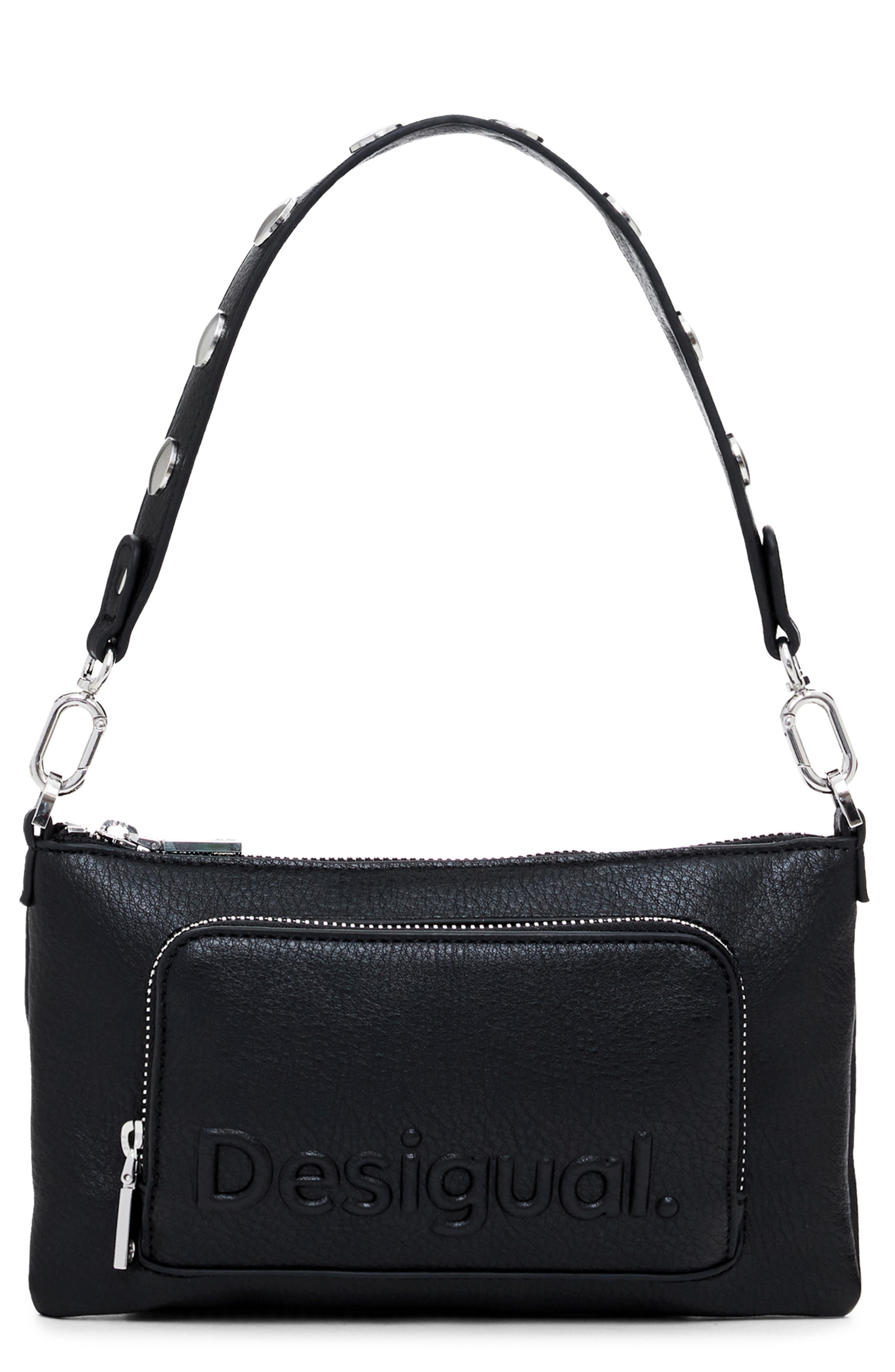 Desigual Half Logo Faux Leather Shoulder Bag, Main, color, Black