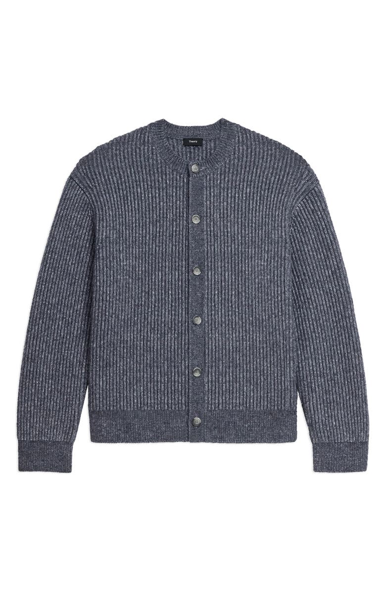 Theory Oversize Ribbed Wool & Cotton Crewneck Cardigan, Alternate, color, Grey Melange