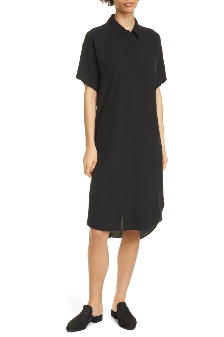 Classic Collar Silk Shirtdress, Main, color, BLACK