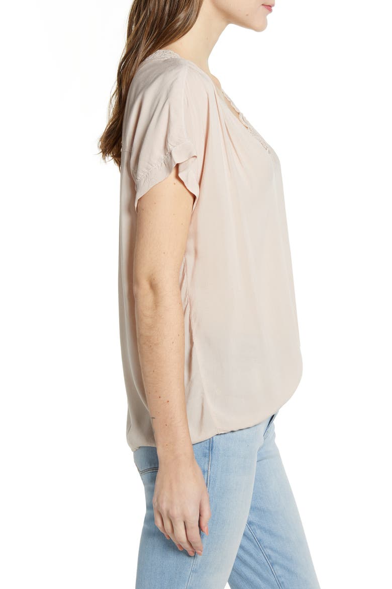 Lace Trim Short Sleeve Blouse, Alternate, color, PETAL