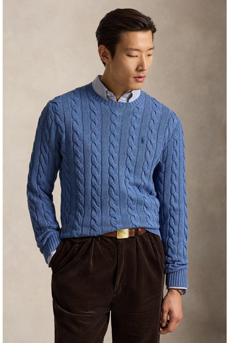 Cabled Cotton Crewneck Sweater, Alternate, color, BLUEBORG