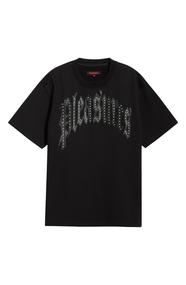 PLEASURES Twitch Leather Appliqué & Rhinestone T-Shirt, Alternate, color, Black