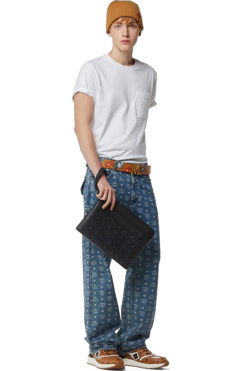 MCM Diamond Wristlet Pouch in Visetos, Main, color, Black