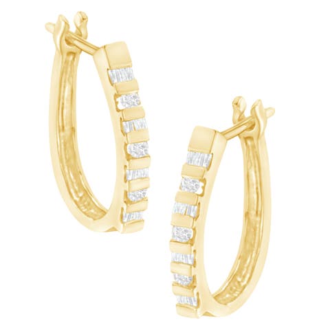 10K Yellow Gold Diamond Oblong Hinged Leverback Hoop Earrings