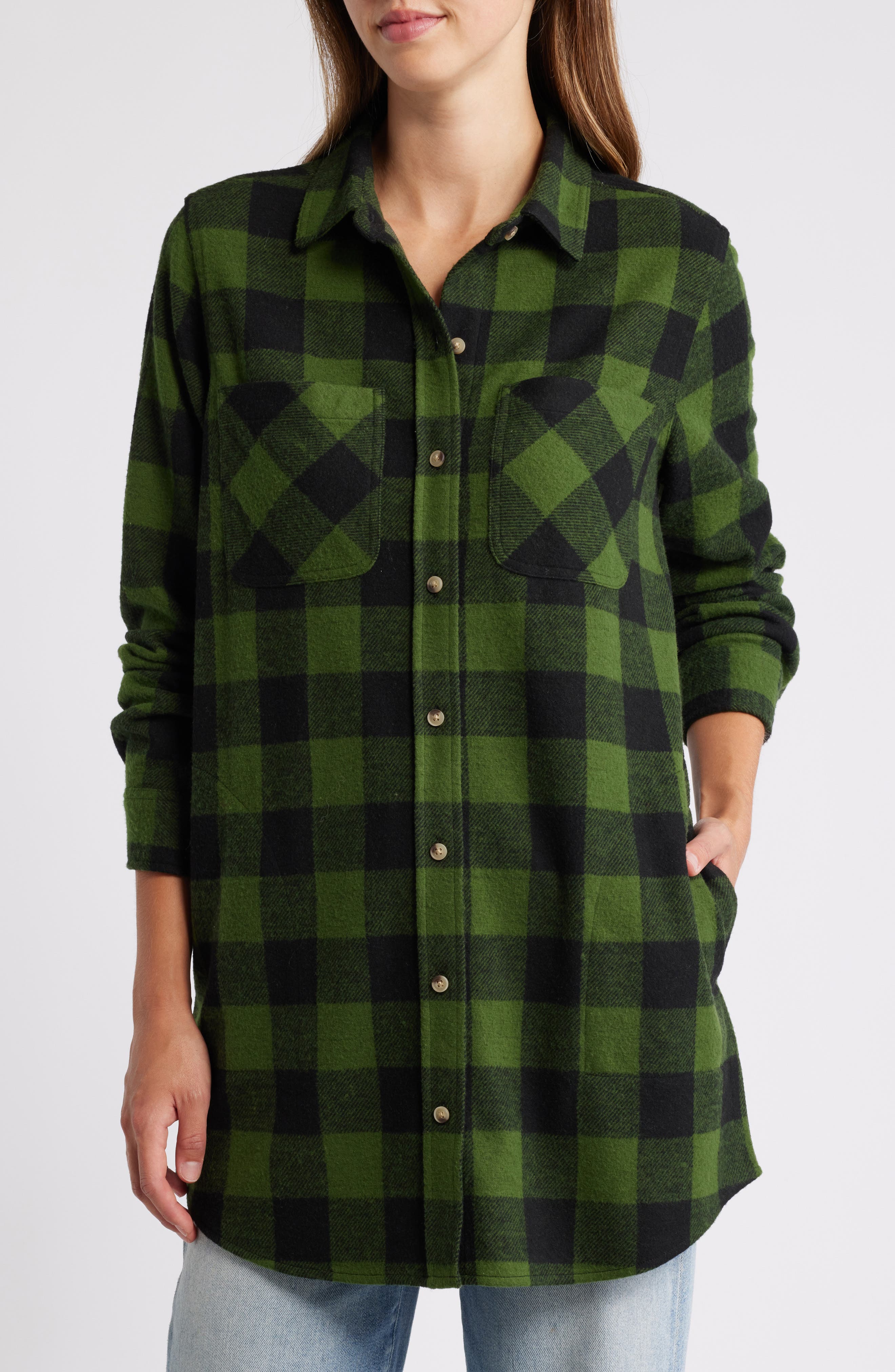 beachlunchlounge Tyler Flannel Tunic Shirt in Bronze Green 