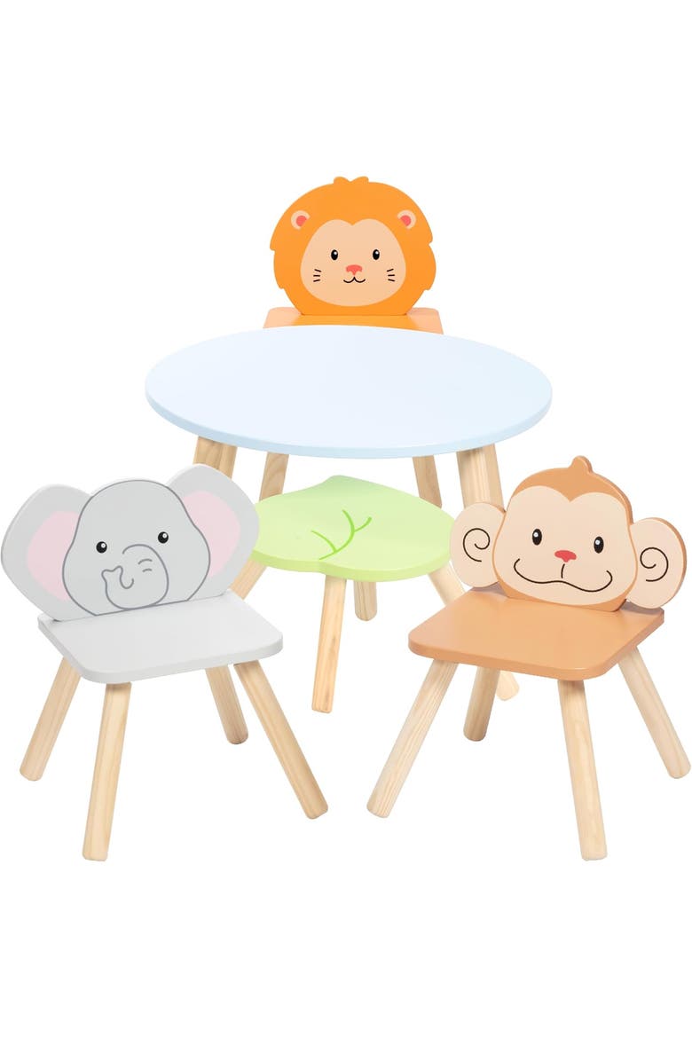 Kids Wooden Animal Table & Chair Set w 4 Seats- Monkey Lion & Elephant Plus - Durable Playroom Furniture, Main, color, Blue