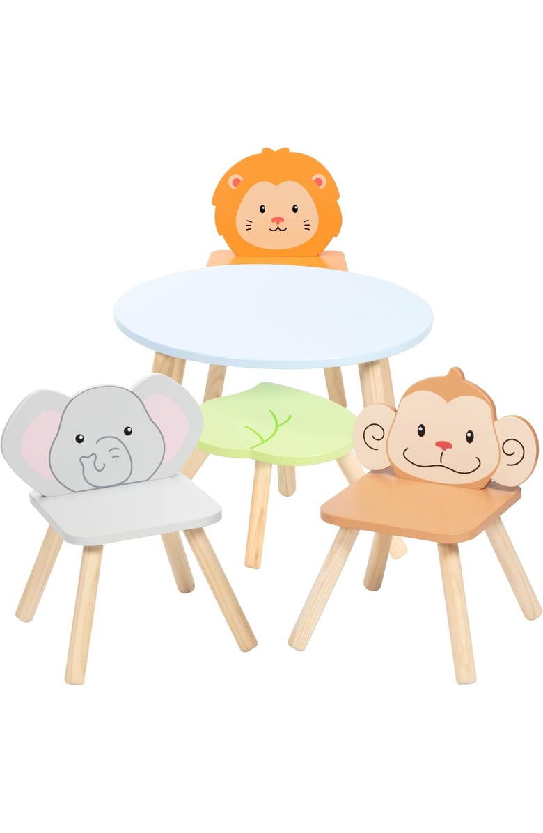 SVAN Kids Wooden Animal Table & Chair Set w 4 Seats- Monkey Lion & Elephant Plus - Durable Playroom Furniture, Main, color, Blue