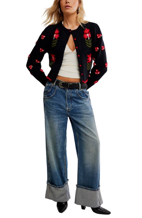 Free People Nonna Floral Jacquard Cotton Cardigan In Black