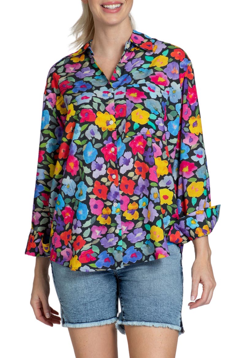 Oversize Feather Print Button-Up Shirt, Main, color, PINK MULTI