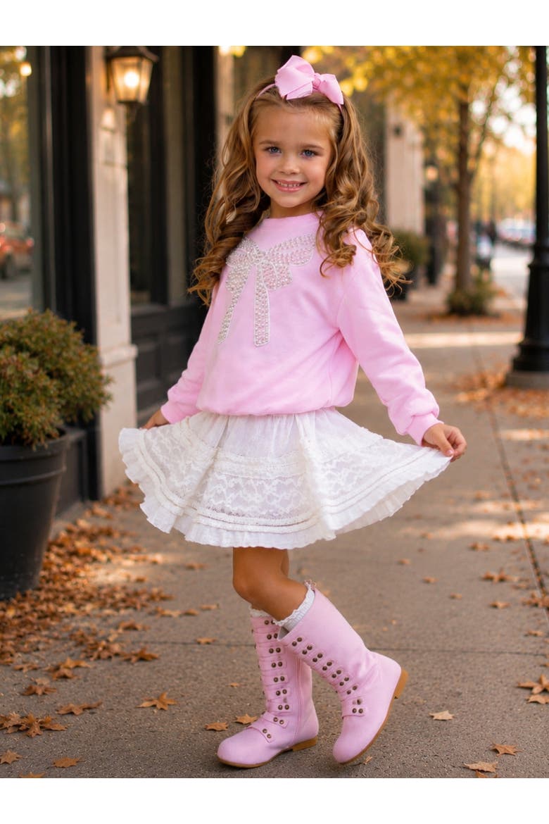 Pretty in Pink Pearl Bow Top and Lace Skirt Set, Alternate, color, Pink