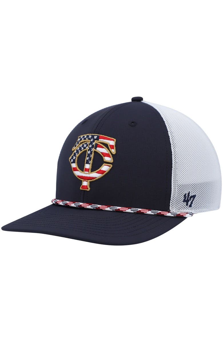 '47 Men's '47 Navy/White Minnesota Twins Flag Fill Trucker Snapback Hat, Main, color, 