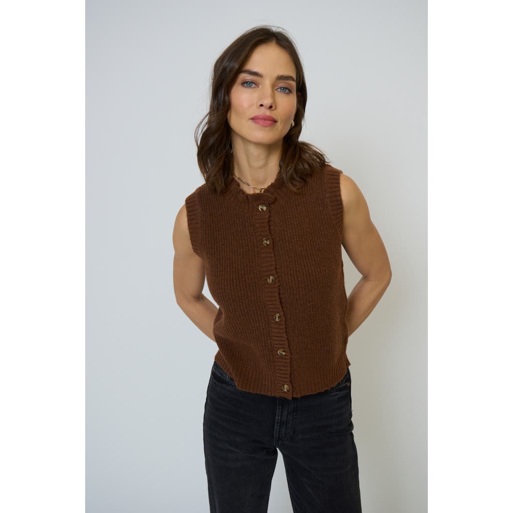 Central Park West Olivia Ruffle Sleeveless Cardi In Brown
