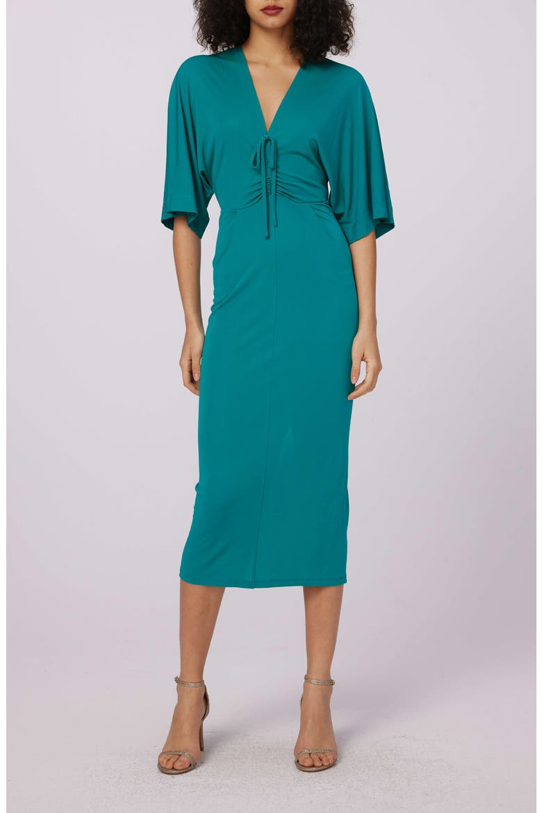Valerie Center Ruched Midi Dress, Main, color, EMERALD