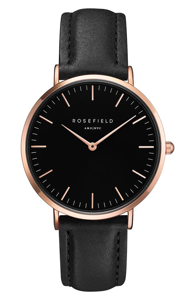 ROSEFIELD Bowery Leather Strap Watch, 38mm, Main, color, 