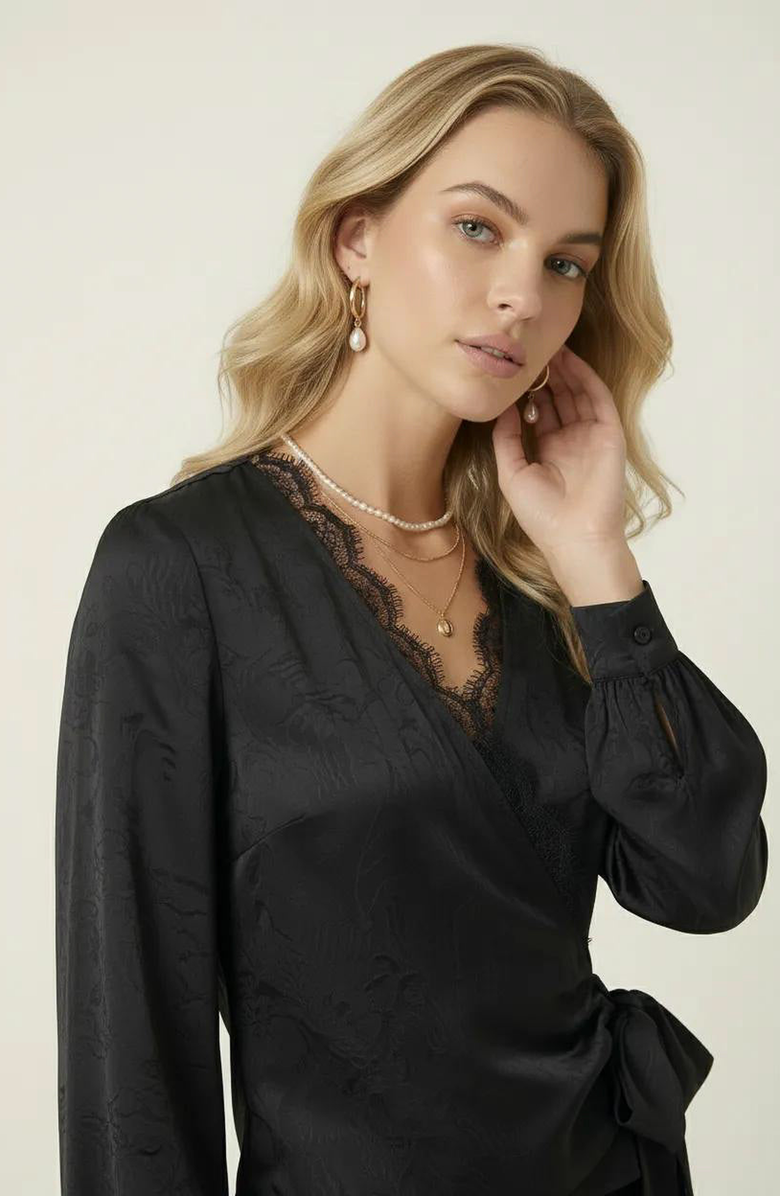 Modenaire Lace Trim V-Neck Wrap Blouse, Alternate, color, Black