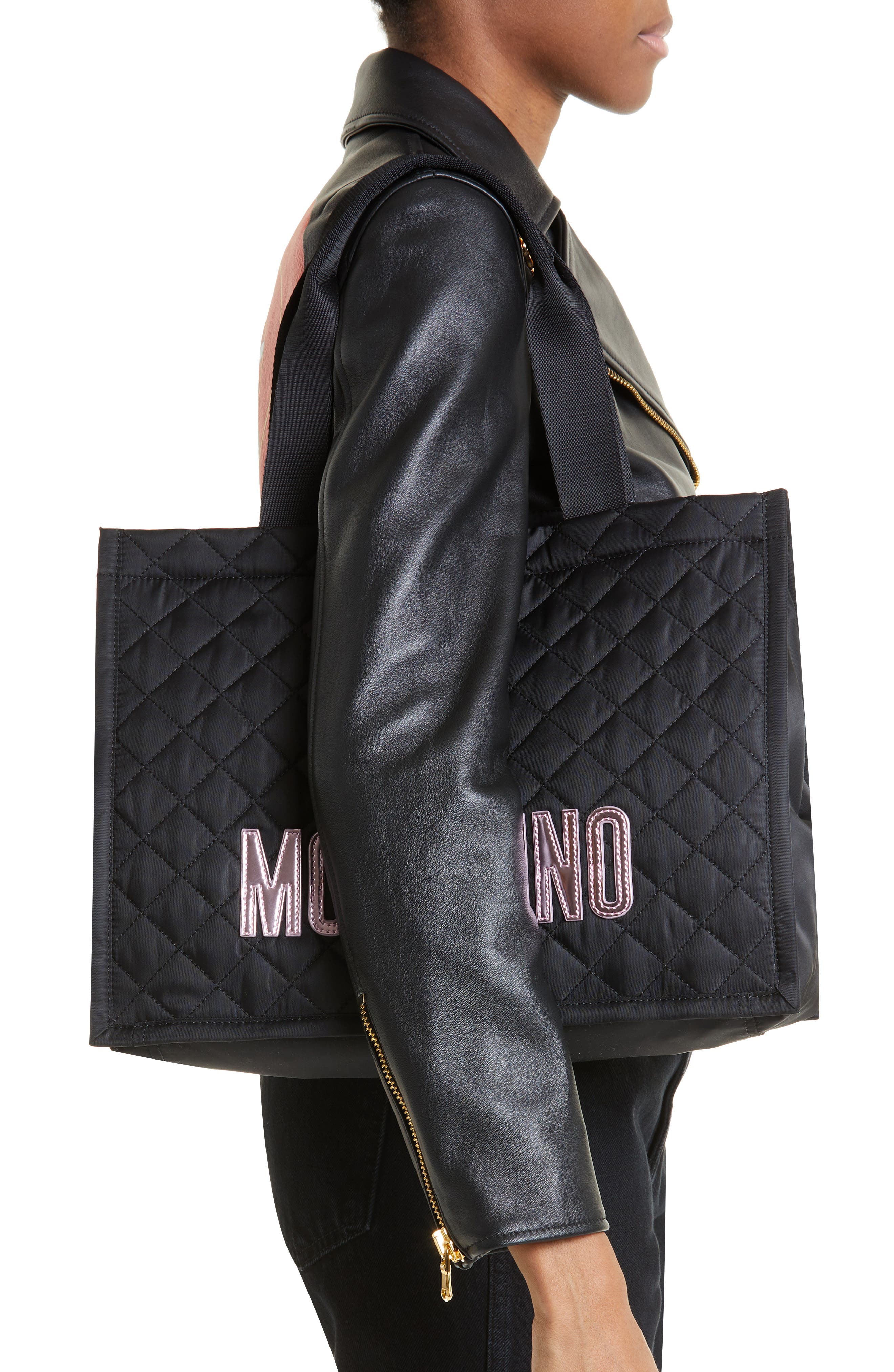 Moschino Logo Quilted Nylon Tote, Alternate, color, 