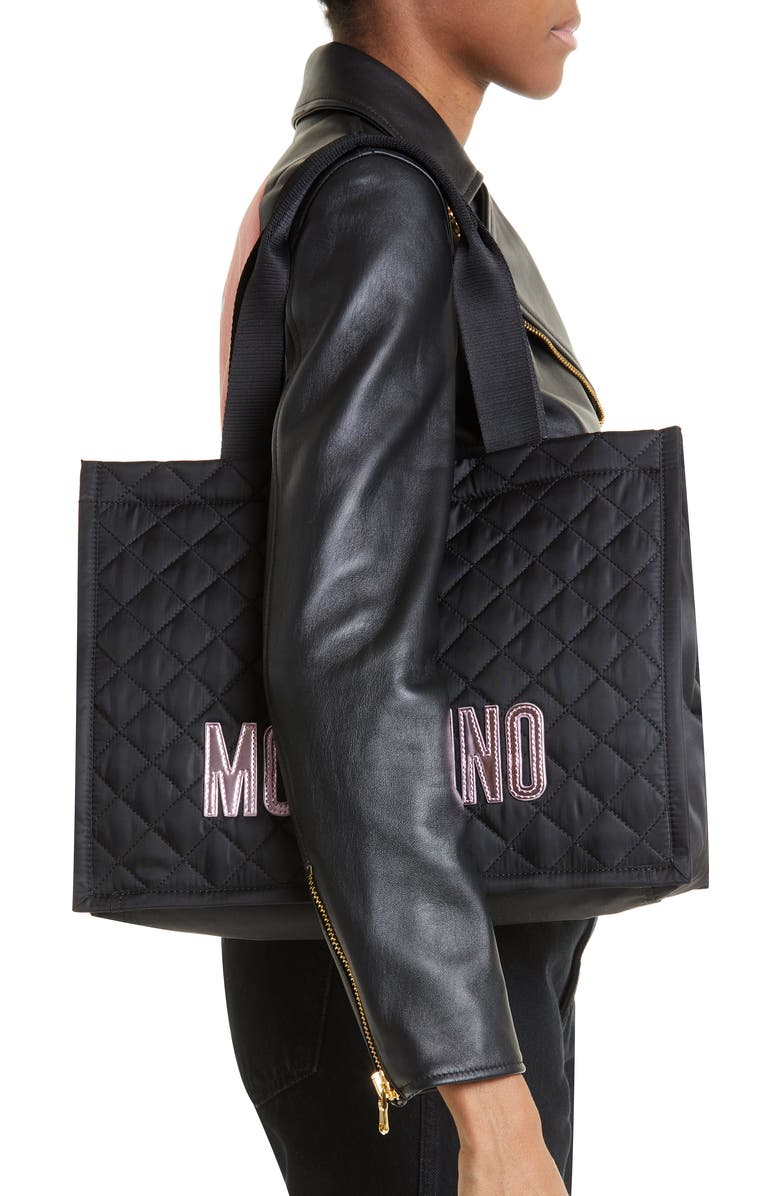 Moschino Logo Quilted Nylon Tote, Alternate, color,
