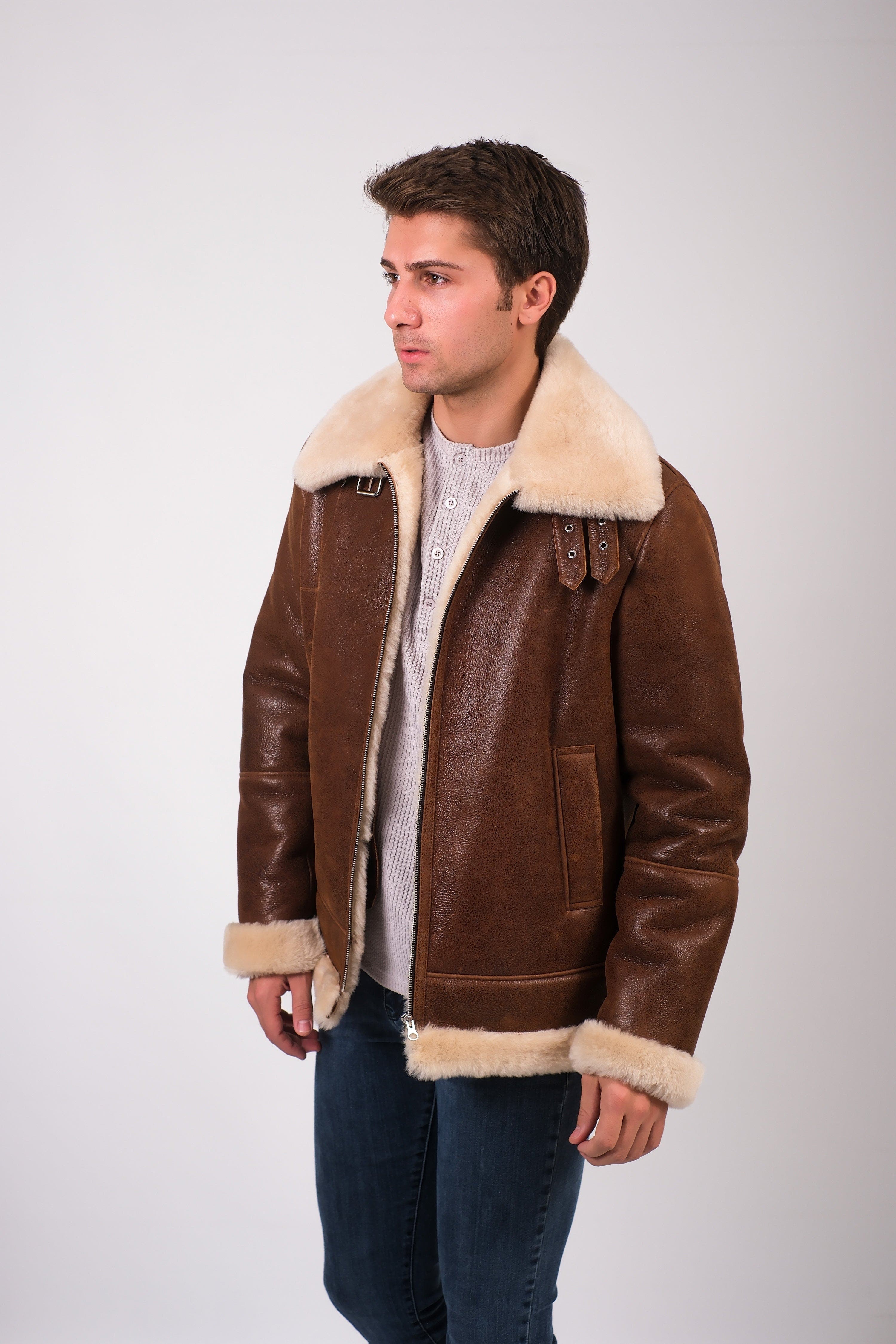 FURNIQ UK Rupert Textured Leather Shearling Aviator Jacket — фото 7