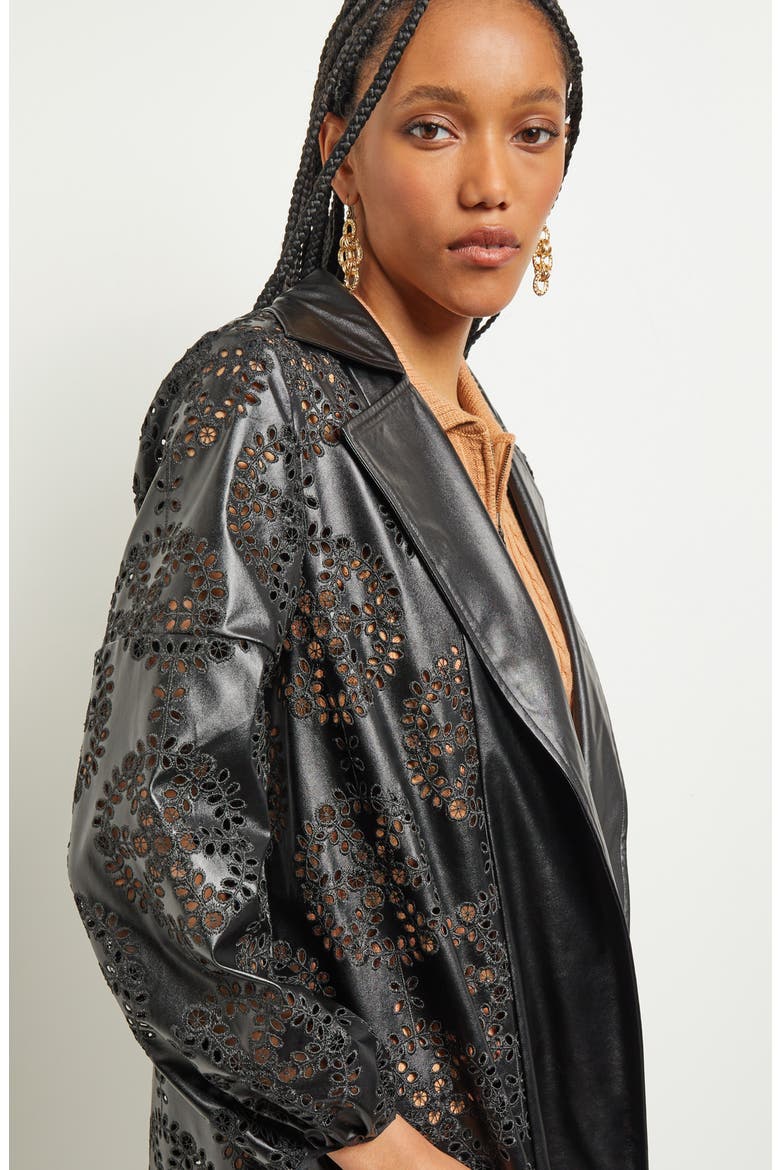 Eyelet Open Front Faux Leather Longline Jacket, Alternate, color, BLACK