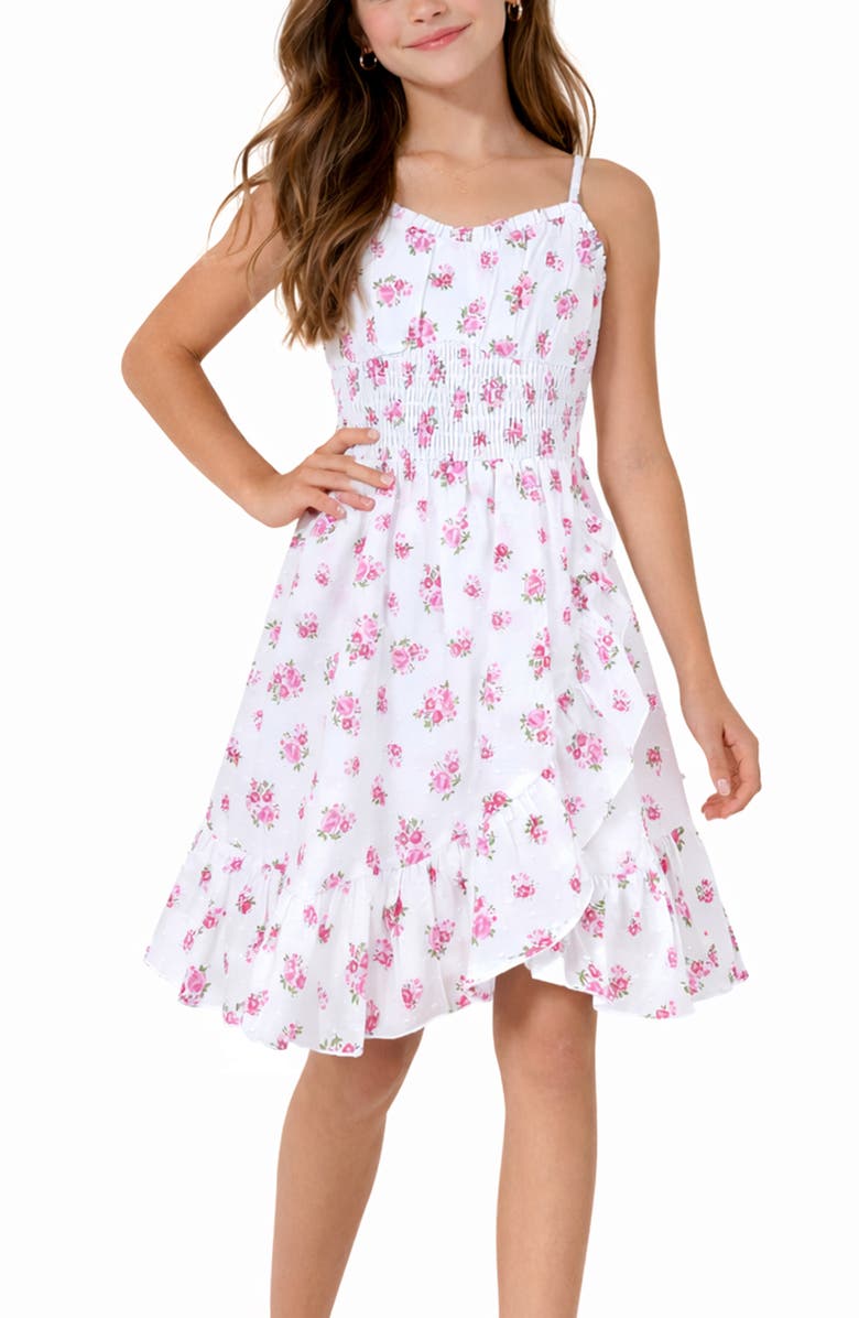 Zunie Kids' Floral Clip Dot Cotton Fit & Flare Dress, Alternate, color, Ivory/ Pink