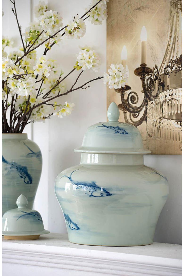 Koi Porcelain Lidded Jar, Alternate, color, WHITE