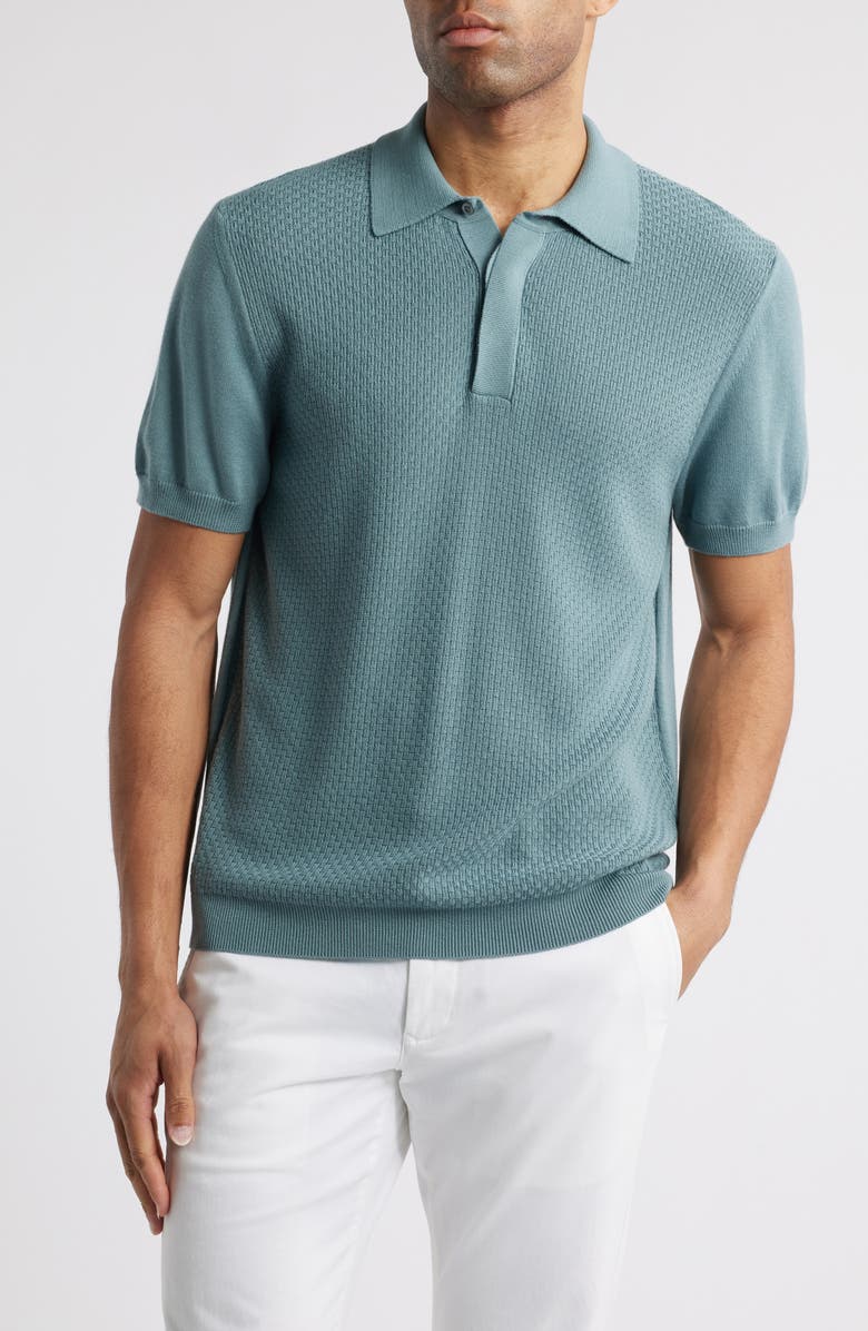 Canali Short Sleeve Textured Cotton & Modal Polo Sweater, Main, color, 