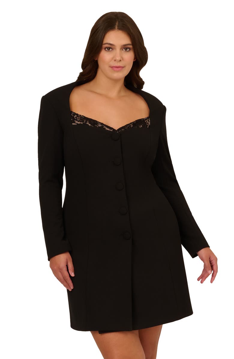 Adrianna Papell Lace Trim Long Sleeve Stretch Crepe Blazer Cocktail Minidress, Alternate, color,