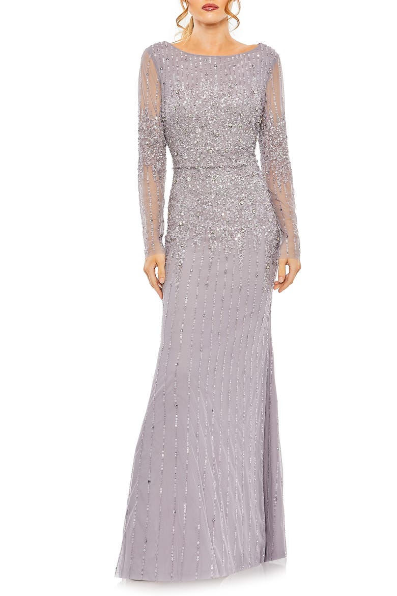 High Neck Sequin Embellished Long Sleeve A Line Gown, Main, color, VINTAGE LILAC