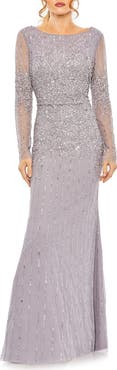 Mac Duggal High Neck Sequin Embellished Long Sleeve A Line Gown