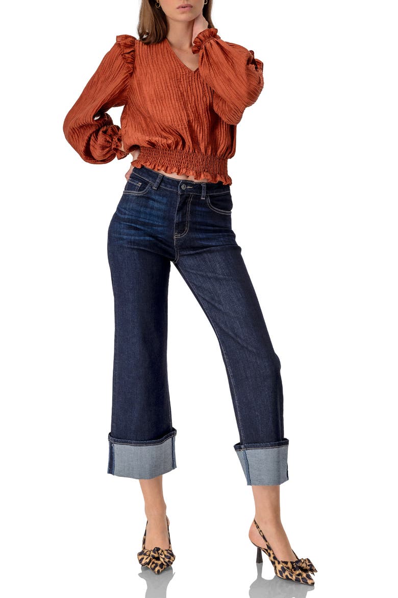 V-Neck Smocked Blouse with Ruffle Sleeves, Alternate, color, Chedron