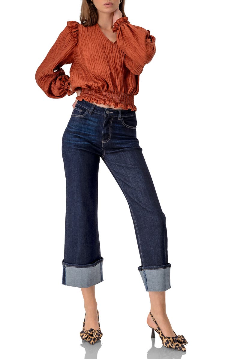 IVONNE V-Neck Smocked Blouse with Ruffle Sleeves, Alternate, color, Chedron