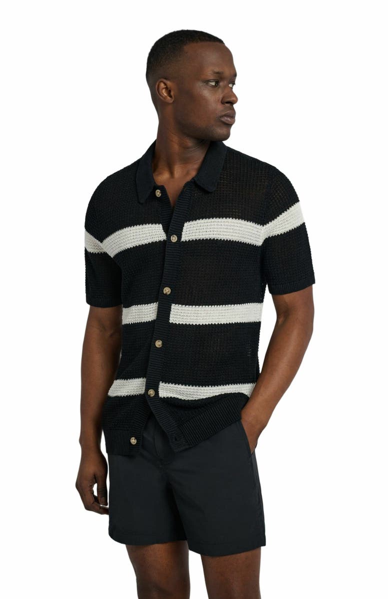 Onia Linen Short Sleeve Button Up Sweater, Alternate, color, Black/Egret