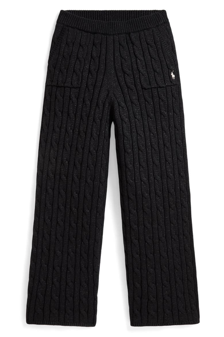 Kids' Metallic Cable Knit Cotton Wide Leg Sweater Pants, Main, color, BLACK
