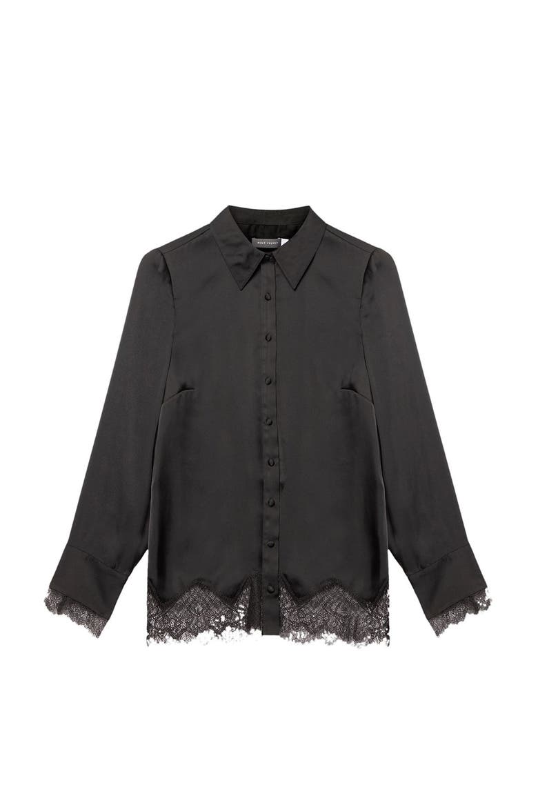 Satin Lace Trim Shirt, Alternate, color, Black