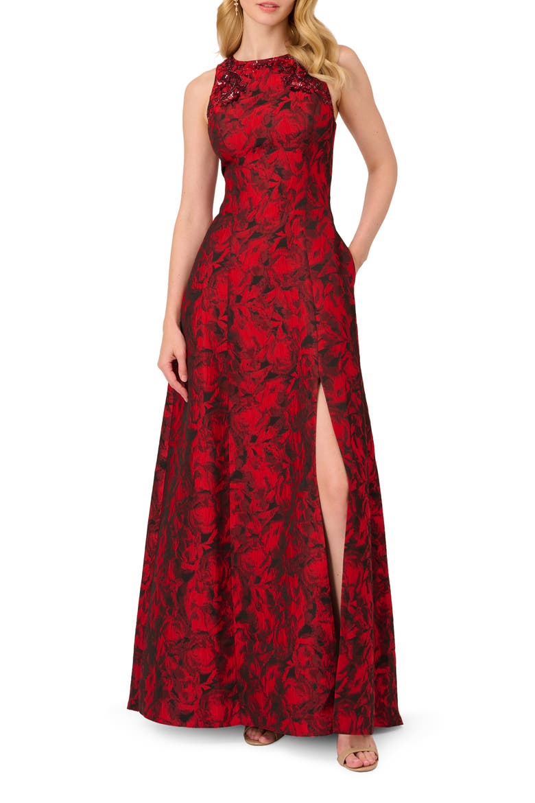 Beaded Jacquard Ballgown, Main, color, BLACK/ RED