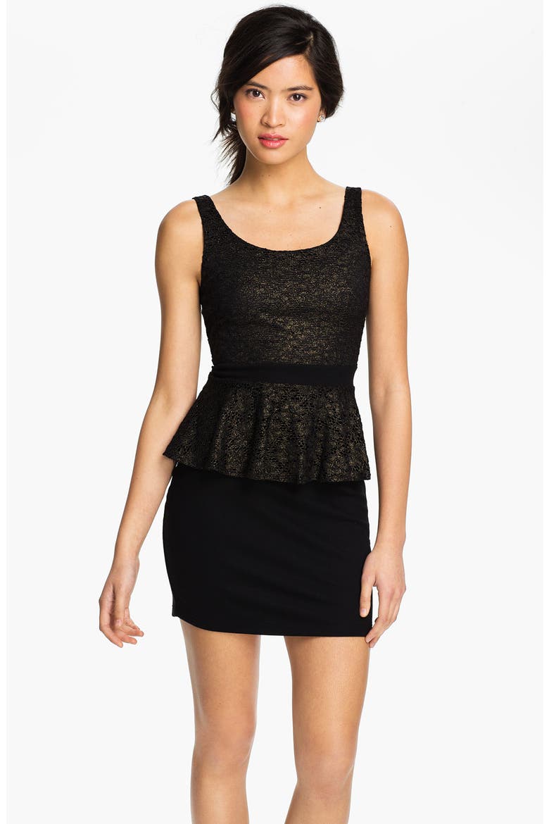Metallic Lace Peplum Dress, Main, color, BLACK
