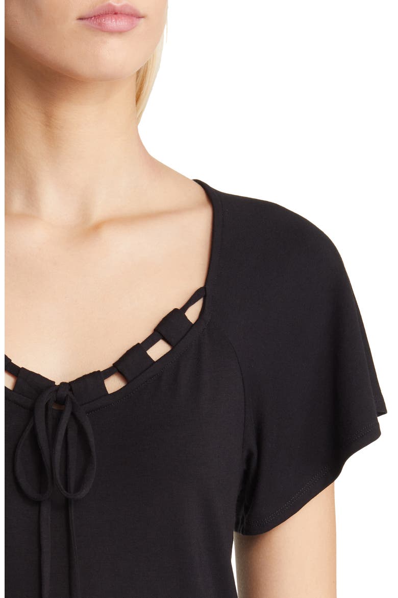 Tie Neck Flutter Sleeve Top, Alternate, color, BLACK