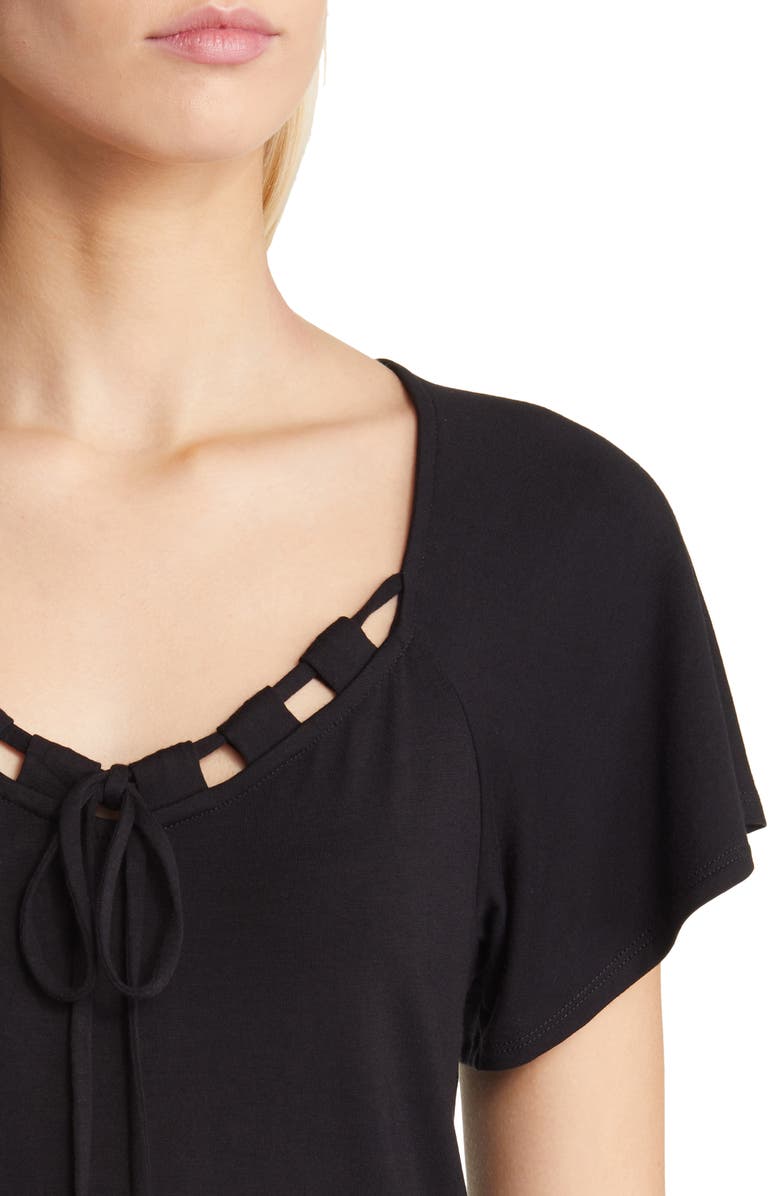 Loveappella Tie Neck Flutter Sleeve Top, Alternate, color, Black