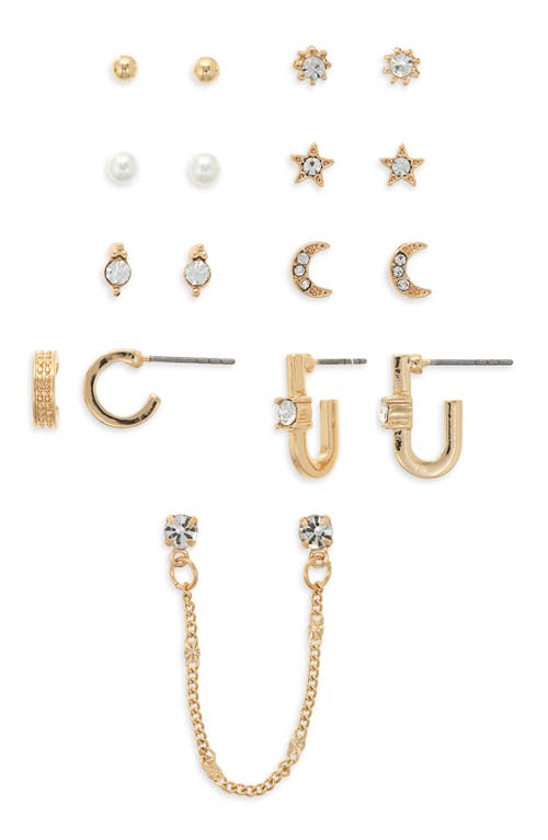 BP. Set of 7 Assorted Stud, Hoop and Double Piercing Earrings in Gold- White Crystal 