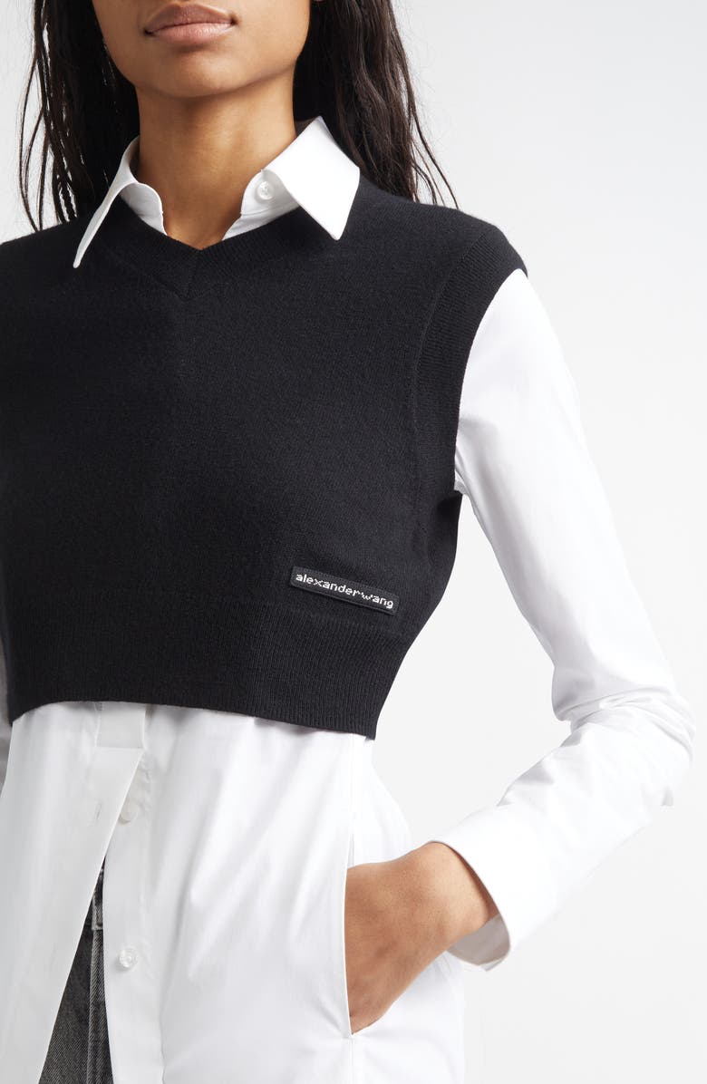Alexander Wang Stretch Cotton Shirt & Wool Blend Sweater Vest, Alternate, color, Black/ White