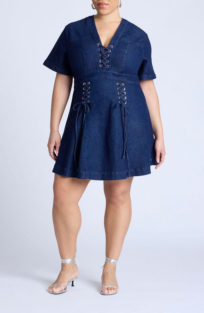 ELOQUII Lace Up Denim Minidress, Main, color, 