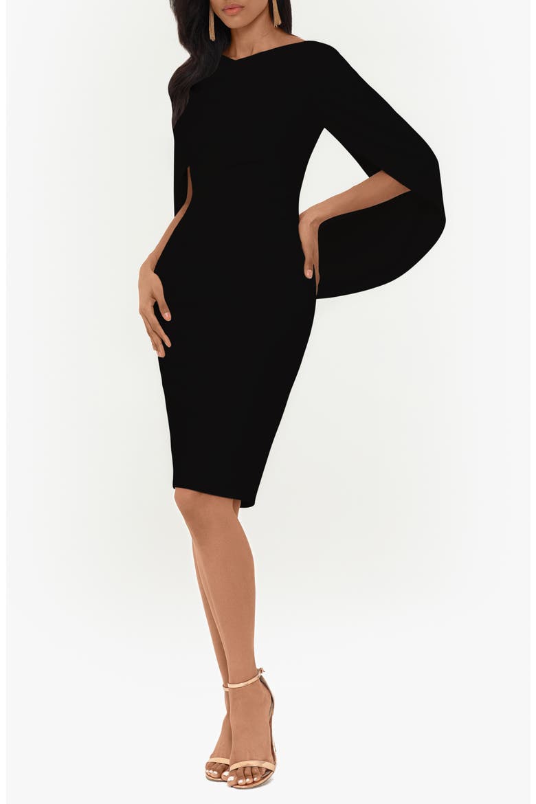 Cape Sleeve Crepe Sheath Cocktail Dress, Main, color, BLACK