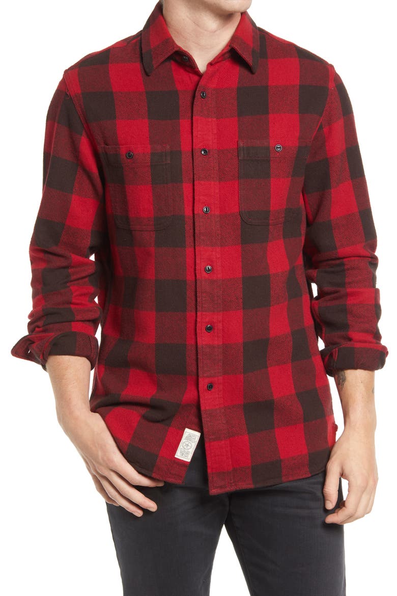 Buffalo Check Flannel Long Sleeve Button-Up Shirt, Main, color, RED